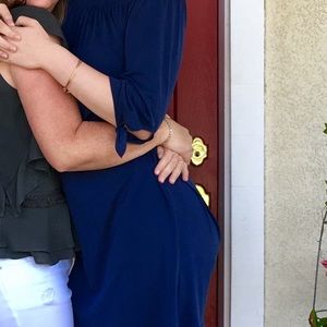 darling off the shoulder navy dress